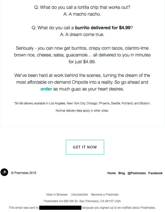 Postmates Chipotle delivery promo email